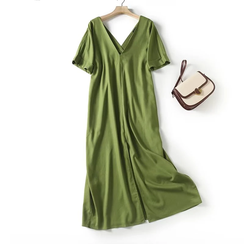 

YENKYE 2023 Women Vintage Green Ruched V Neck Linen Long Dress Sexy Slit Short Sleeve Female Holiday Casual Loose Summer Vestido