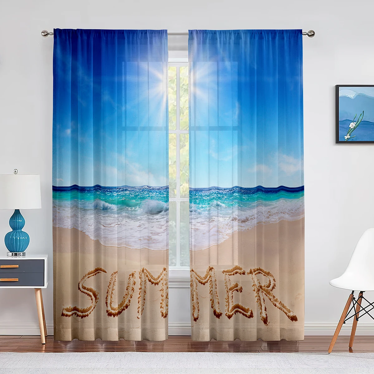 

Летние шторы из тюля с изображением океана, пляжа, солнечного света, морской воды, для гостиной, спальни, кухни, зеркальные шторы