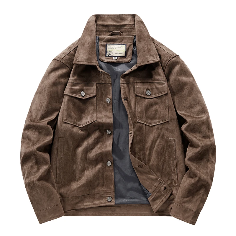 

Мужская замшевая куртка-пилот, коричневая легкая повседневная куртка-карго с отложным воротником, в винтажном стиле, весна-осень 2023