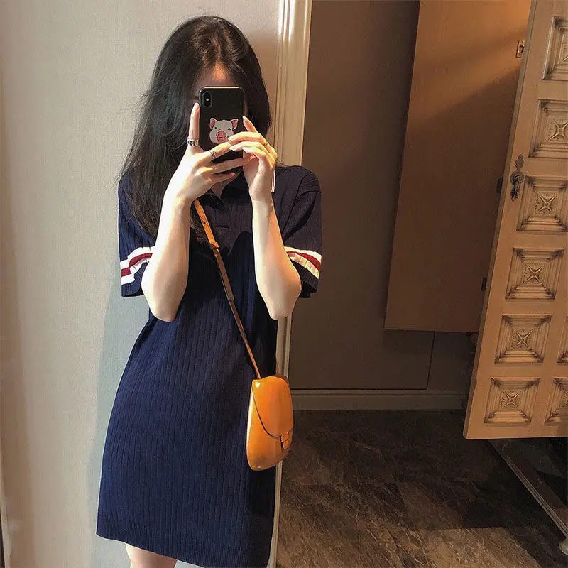 Women's Dress Spring Summer Polo Collar Navy Blue Loose Knited French Dress Fashion Striped plus Size Thread T-shirt Skirt