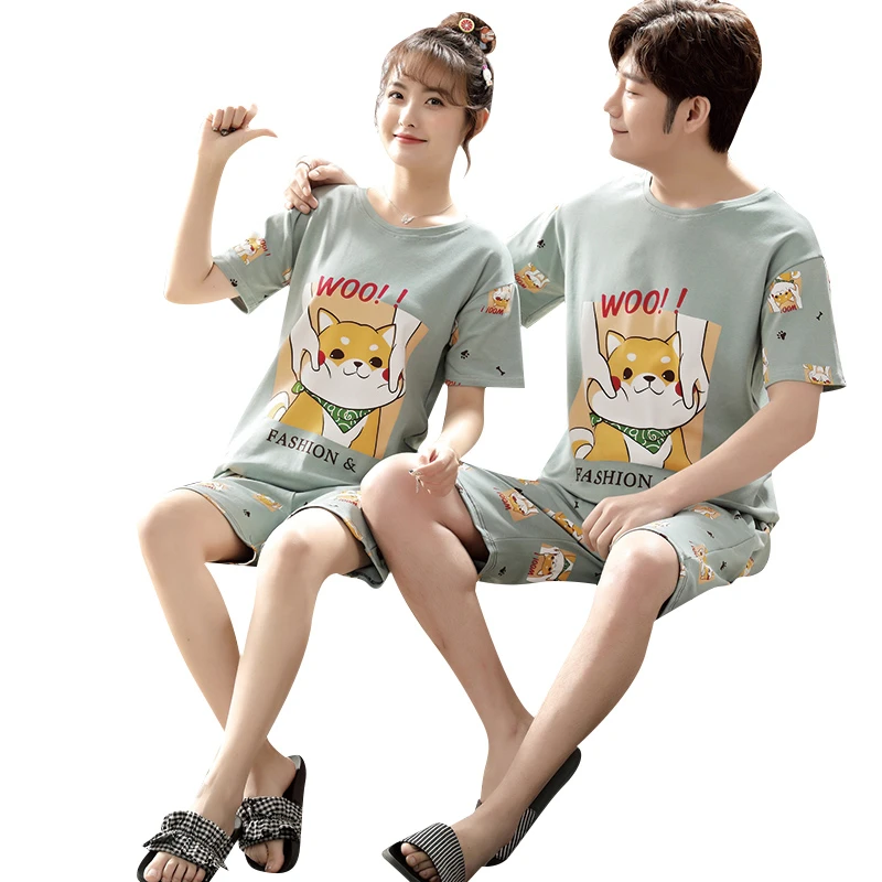 Couple Pajamas Sets Cartoon Shiba Inu Women Pijama Cotton Korean Men Sleepwear Short Sleeve Lovers Night-Clothes 2PCS Nightwear