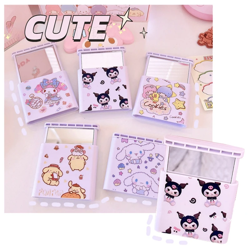 

Kawaii Cartoon Print Mobile Phone Bracket Small Mirror My Melody Cinnamoroll Kuromi Anime Two-purpose Makeup Mirror Portable