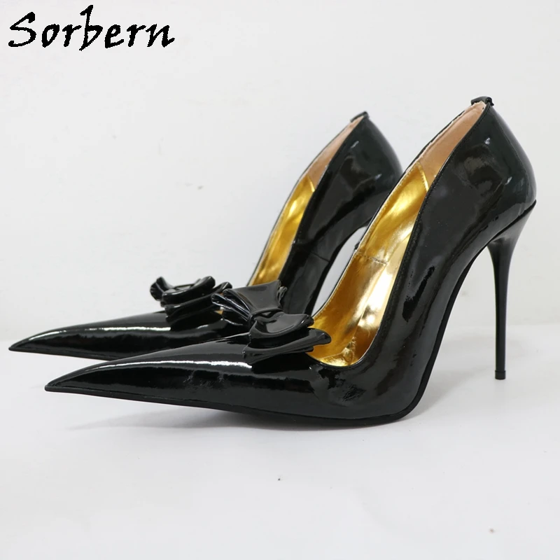 

Sorbern Black Women Pump Shoes Pointed Toe Bowknot Metal Stilettos High Heel Slip On Fetish Sissy Boy Shoes Custom Color
