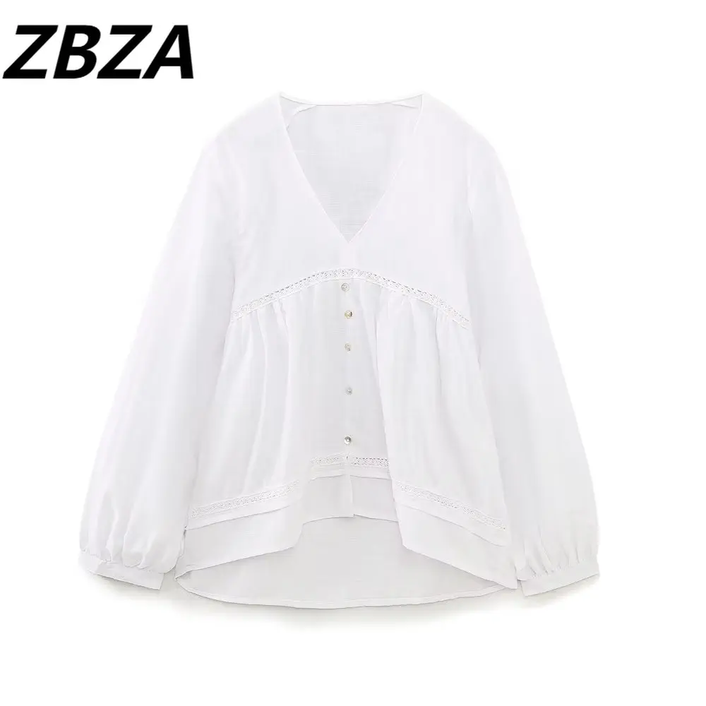 

ZBZA Women 2023 New Fashion Vertical Lace Linen Blouse Blouses Vintage Long Sleeve Button-up Female Shirts Chic Tops