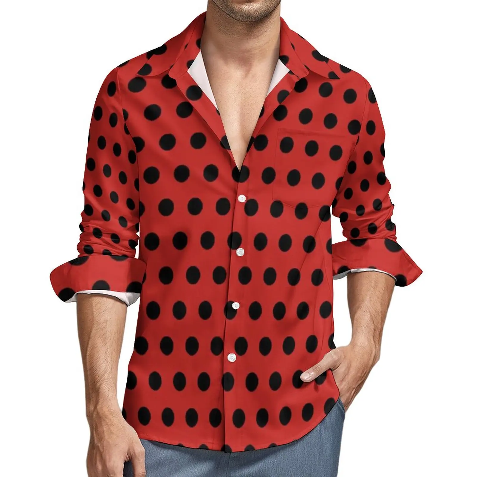

Красная и черная рубашка в горошек, винтажные повседневные рубашки Polkadots, блузки с длинным рукавом в уличном стиле, новинка, одежда больших размеров