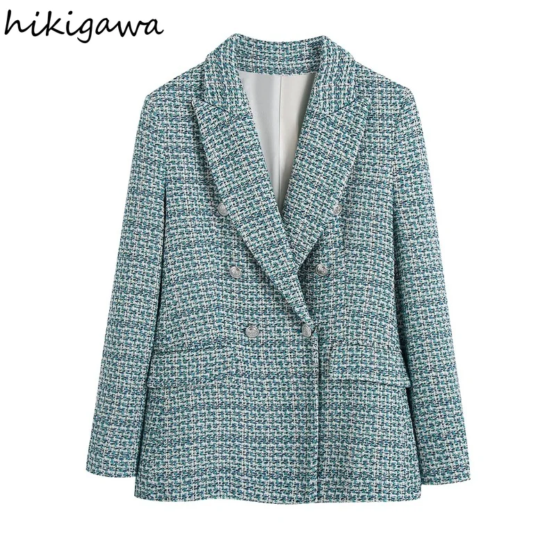 

Hikigawa Women Fashion Double Breasted Tweed Texture Blazer Coat Vintage Long Sleeve With Flap Pocket Female Outerwear Chic Tops