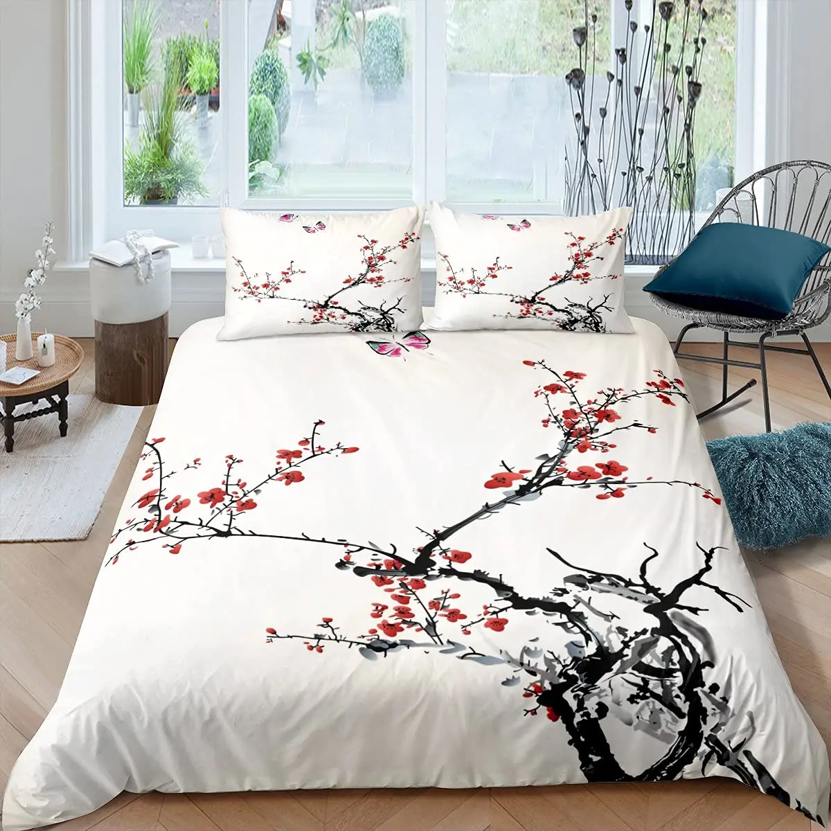 

Red Flower Floral Comforter Cover Plum Blossom Duvet Cover Set for Girls Teens Microfiber Butterfly Branches Printed Bedding Set