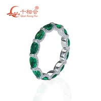 oval shape full band green emerald with white moissanite 925 silver eternity band jewelry engagement