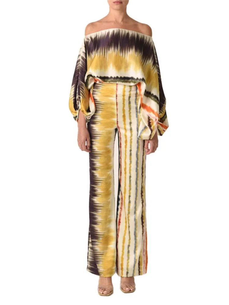 Женский атласный комплект из 2 предметов с принтом топ открытыми плечами и