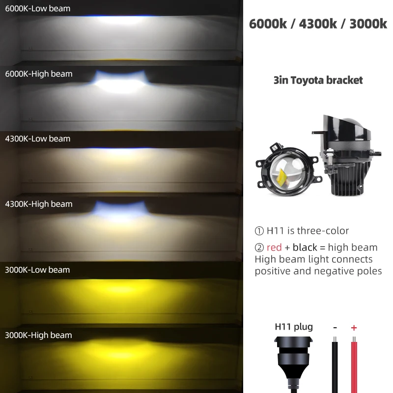 

3-дюймовые Трехцветные Светодиодные Лампы Для Автомобильных Фар H11 12V, Универсальные, 6000K Дальний Свет
