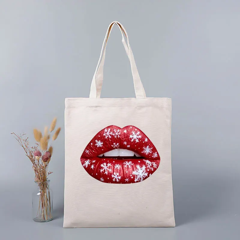 

Shopper Canvas Tote Bags Sexy Lips Girl’s Summer Shopping Bag Fashion Sexy Lips Pattern Series Shoulder Beach Bags Black Print