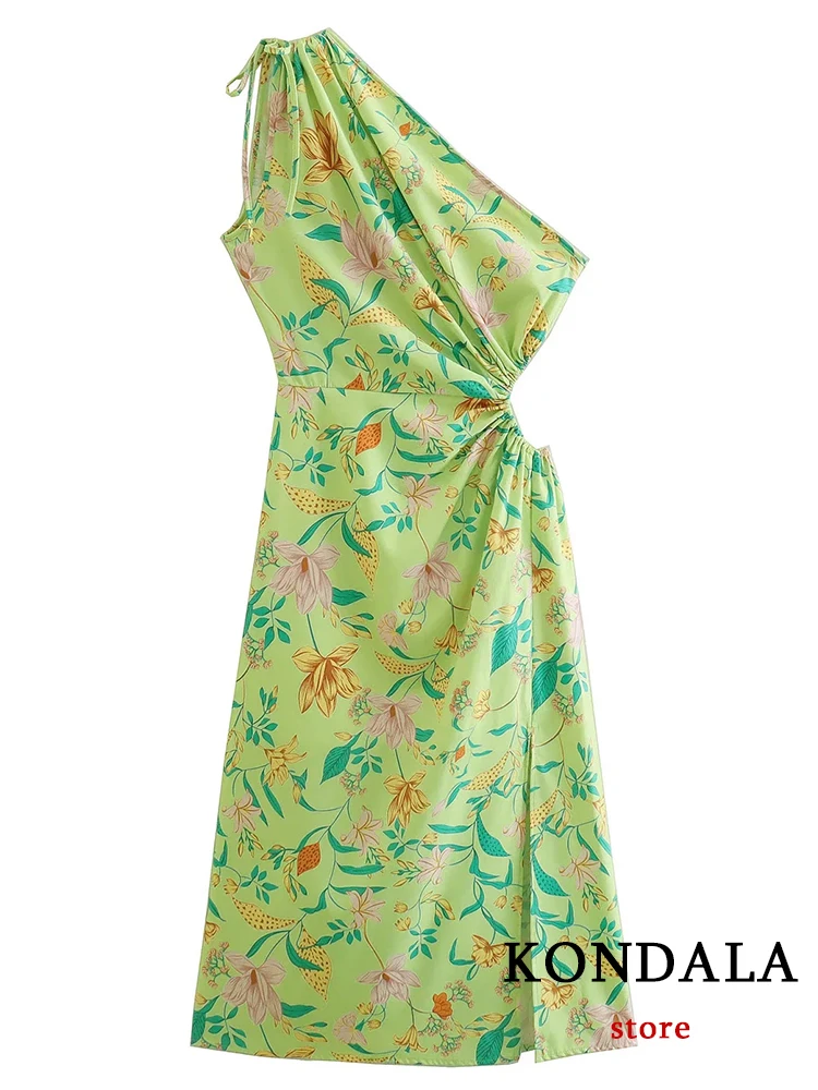 

Зеленое платье-миди KONDALA в стиле бохо с цветочным принтом на одно плечо, женское Плиссированное Платье С Боковым Разрезом и диагональным вор...