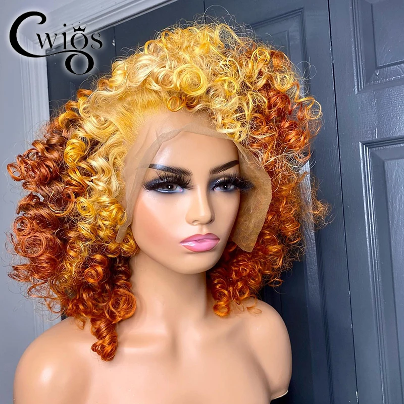 Ombre Honey Blonde Color Curly Glueless Heat Resistant Fiber Hair Synthetic 13X4 Lace Front Wig for Women Drag Queen Daily Party