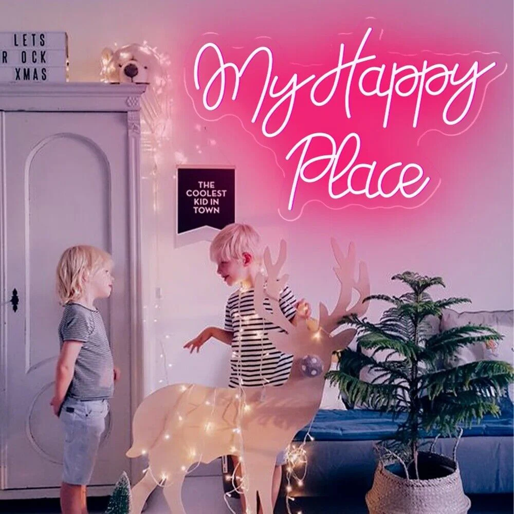 Pink My Happy Place Neon Sign LED Light Home Art for Bar Bedroom Kid Room Club Game Wedding Birthday Party Wall Decor