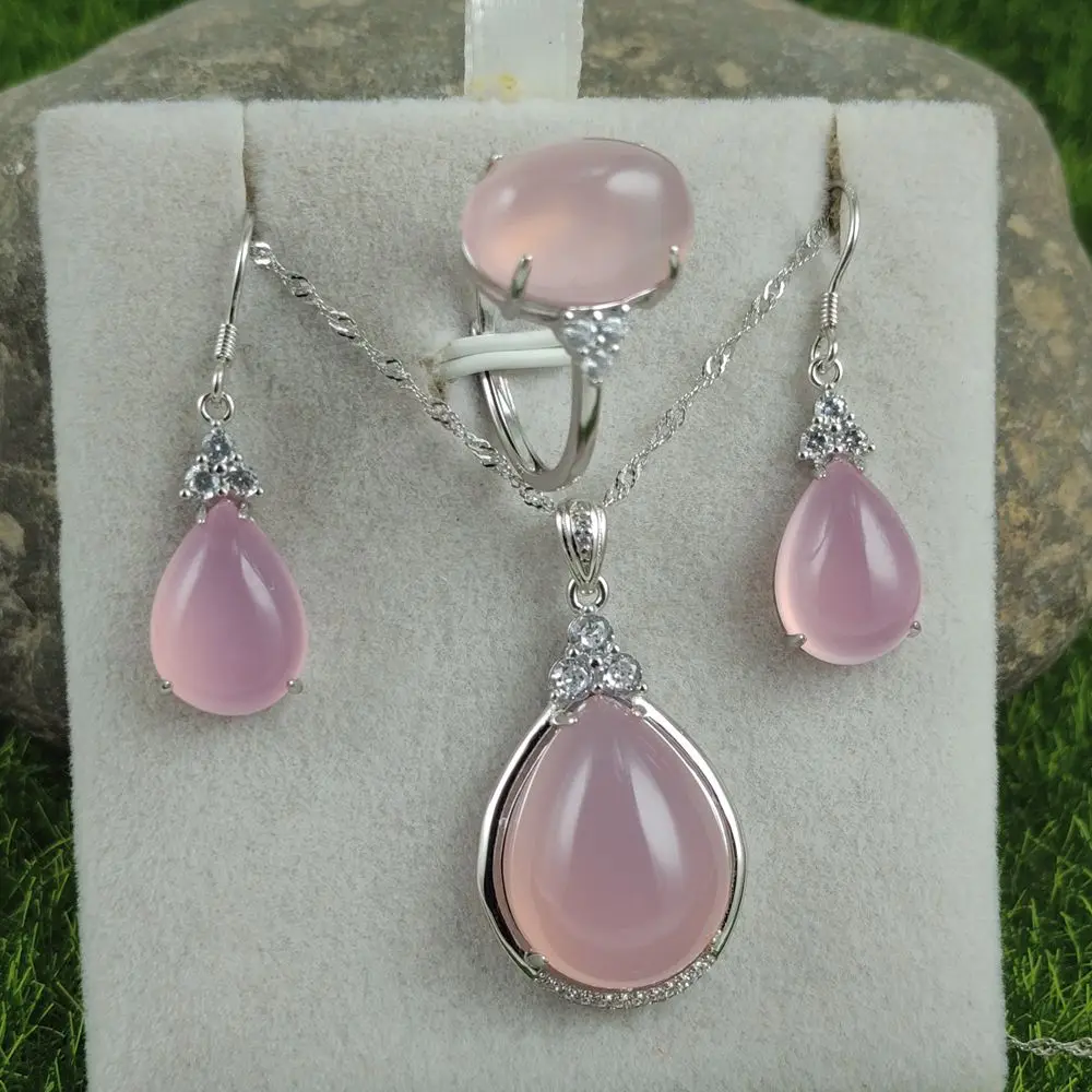 

Pure Silver S925 Pink Suits Natural Ice Chalcedony Stone Sweet Lady Agate Ring Water Drop Earrings Gemstone Pendant