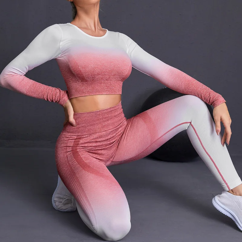 

Seamless Gradient Yoga Wear Women's Nylon Skinny Long Sleeve Pants Gym Running Fitness Yoga Suit High Waist Yoga Leggings