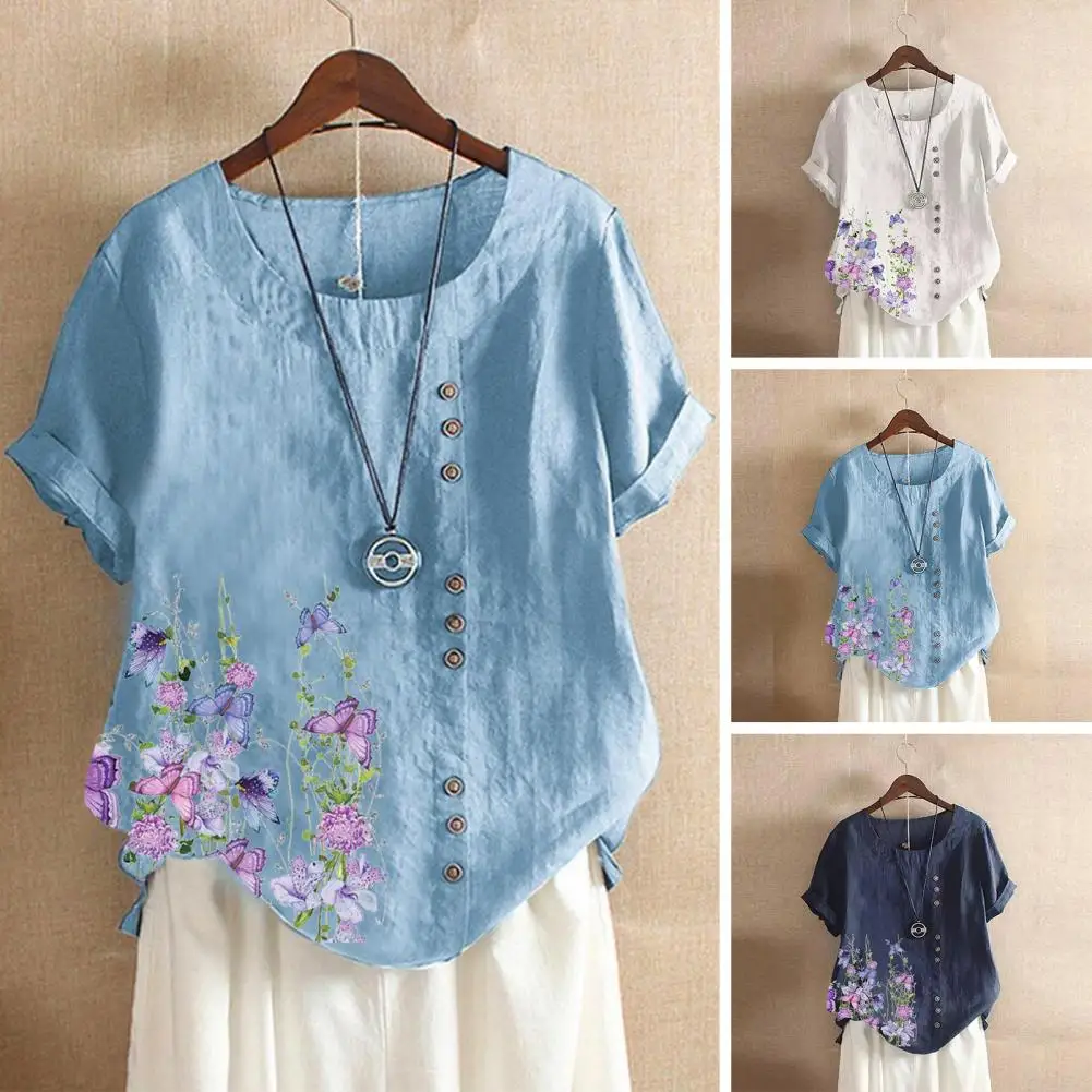 

Women Casual Shirt Vintage Floral Print Women's Short Sleeve Blouse Stylish Loose Fit with Button Detailing Round Neck Botanical