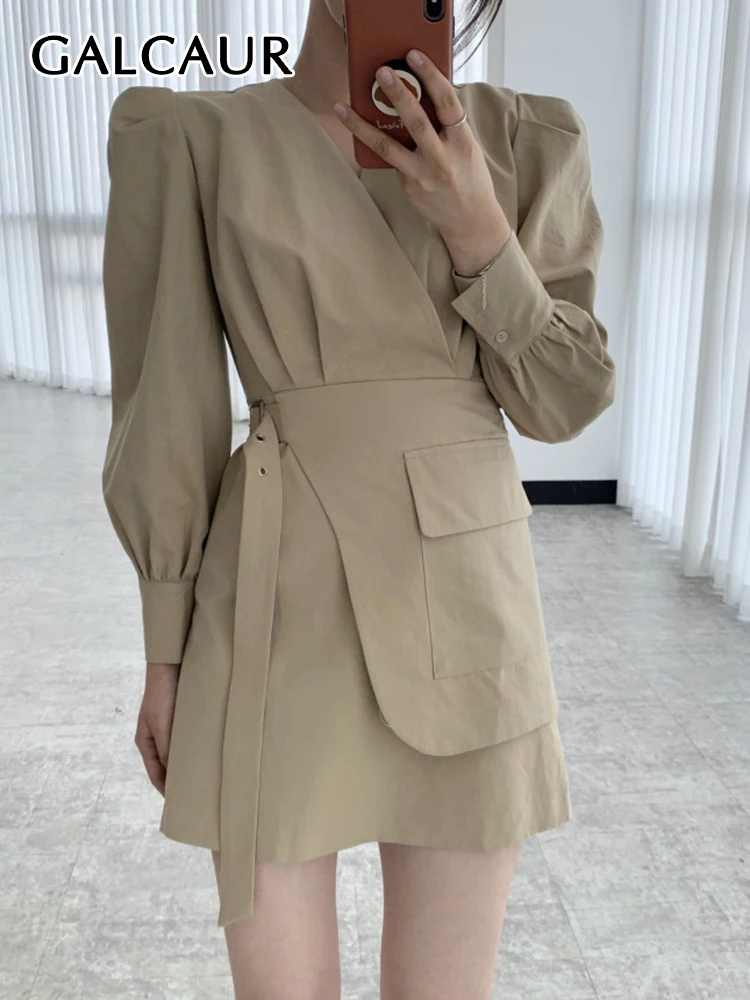 

GALCAUR Patchwork Belt Slimming Mini Dresses For Women V Neck Puff Sleeve High Waist A Line Solid Dress Female Spring Clothing