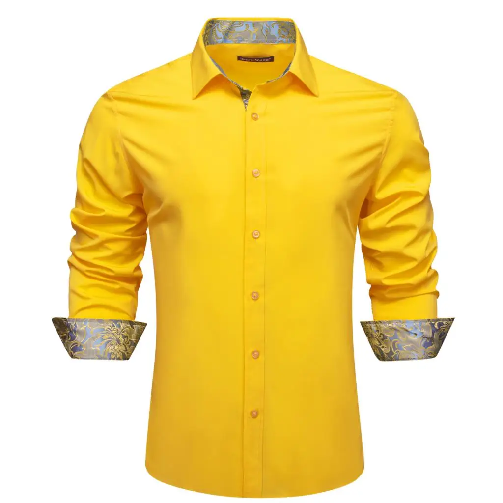 

Luxury Shirts for Men Silk Yellow Gold Solid Paisley Long Sleeve Slim Fit Male Blouses Spring Autumn Casaul Tops Barry Wang