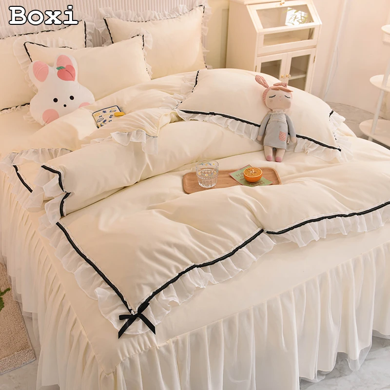 Korean Girl Heart Solid Color Bedding Set Cute Princess Style Cotton Bed Skirt Full Queen Size Flat Sheet Quilt Cover Pillowcase