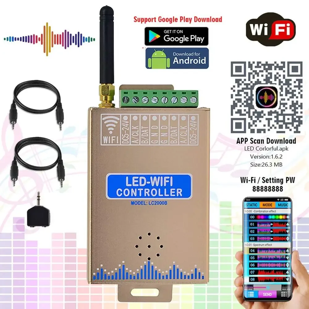 WIFI SPI Music Spectrum RGB-контроллер LC2000B для WS2812B Светодиодная цифровая пиксельная лента