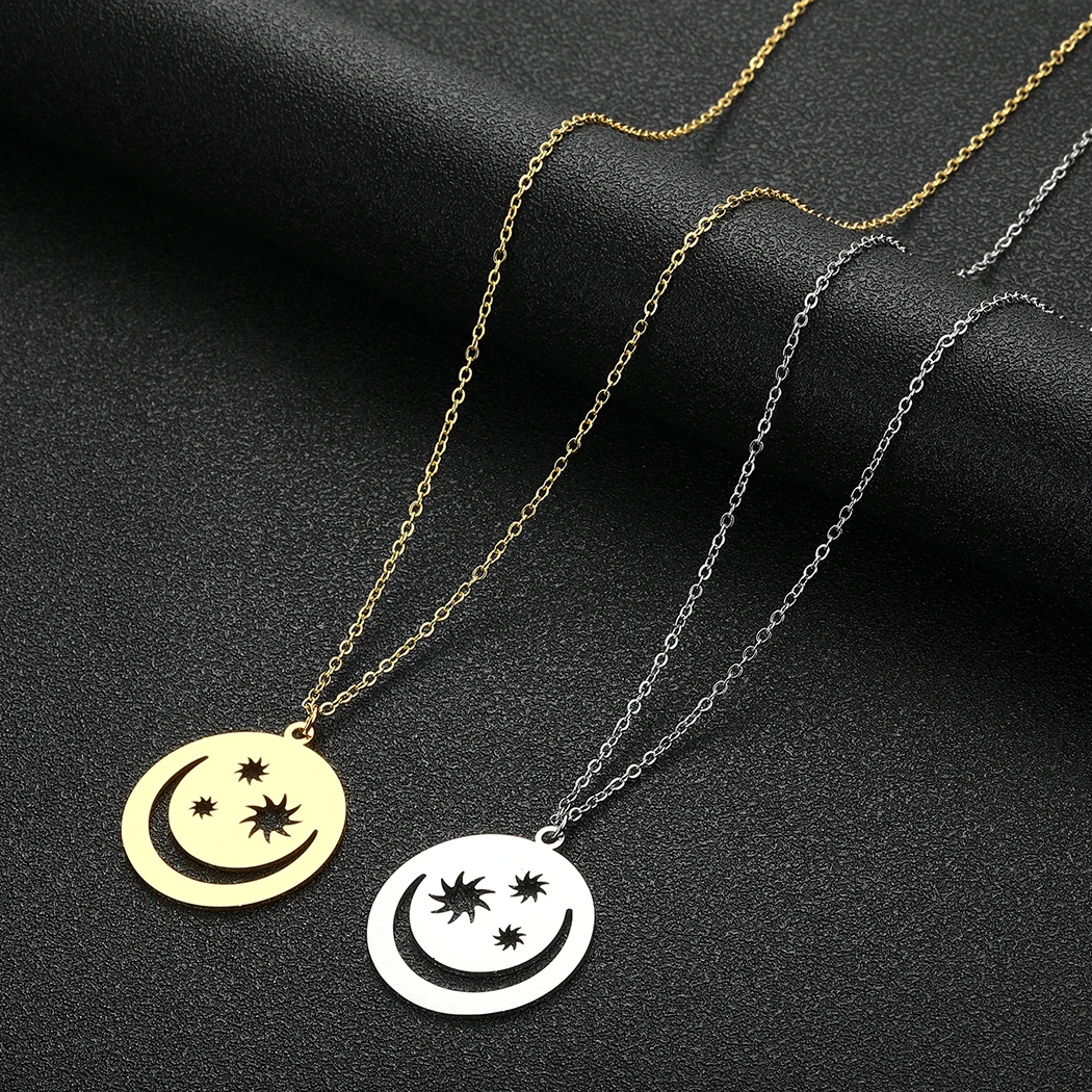 

Stainless Steel Moon and Stars Charm Sun Gold Plated Necklace Hollow Out Pendant