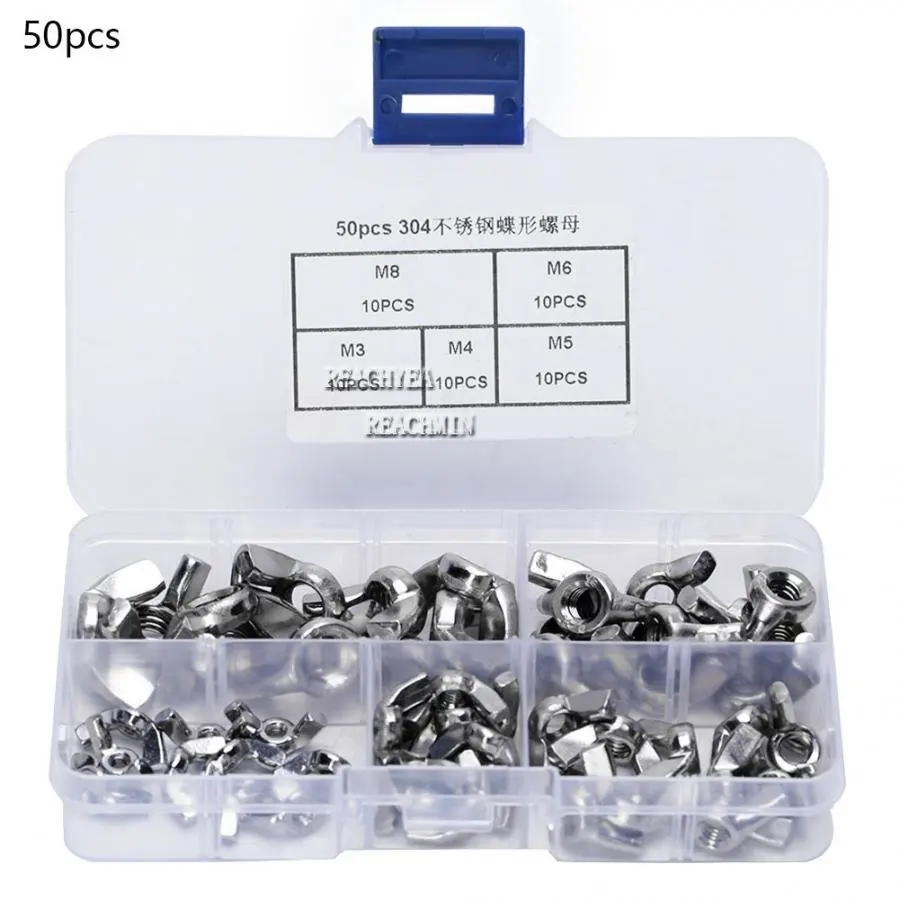 

50Pcs Butterfly Nut Stainless Steel Wing Nut Ingot Hand Tighten Loosen M3/M4/M5/M6/M8 Protable Fastener Assortment Kit With Box