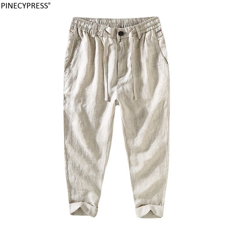 

100% Linen Breathable Anti-UV Spring Summer Male Vintage Hemp Trouser Drawstring Fashion Men Elastic Waist Slim Casual Pants