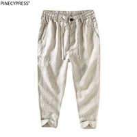 100 linen breathable anti uv spring summer male vintage hemp trouser drawstring fashion men elastic waist slim casual pants