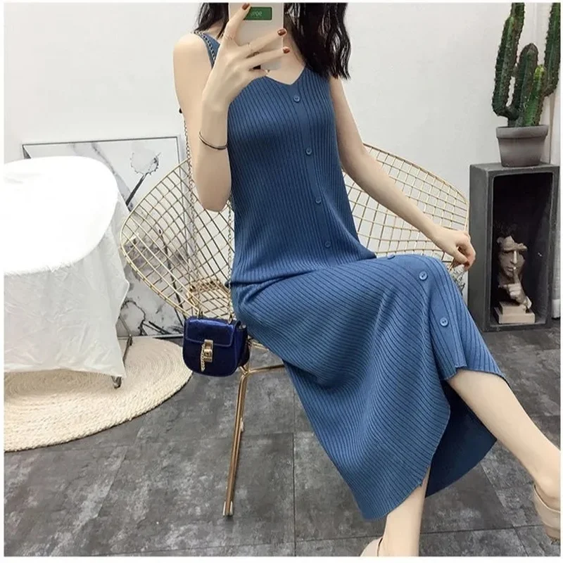 

New Knitted Dress Icy Silk V-neck Sleeveless Strap Dresses Female Summer Korean Loose Mid-length Tunic Casual Vest Buttons Dress