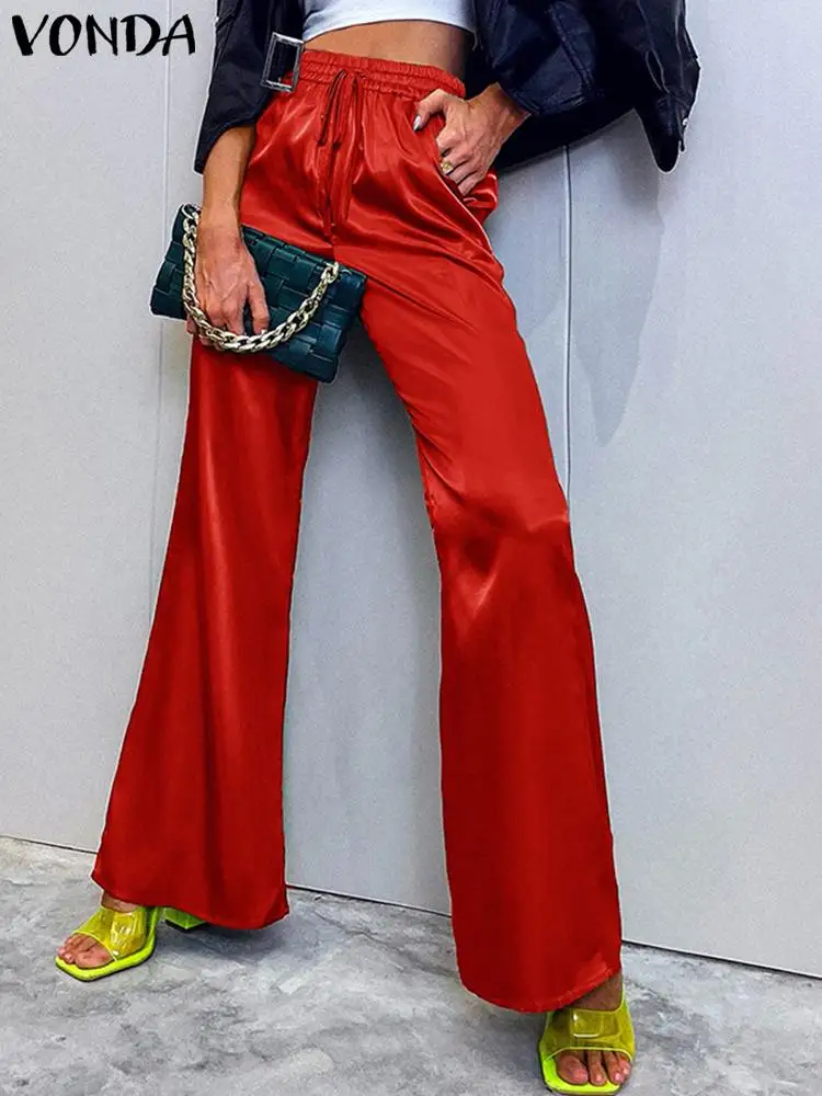 

VONDA 2022 Women Casual Wide Leg Pant Fashion Solid Turnip High Waist Long Trouser Lady Street Polyester Demin Palazzo Oversize