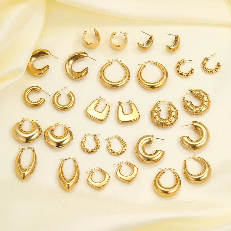 

Wholesale 18K Gold Plated Twist Rope Round Large Hoop Earrings Stainless Steel Solid Chunky Gold Huggie Earring 2023