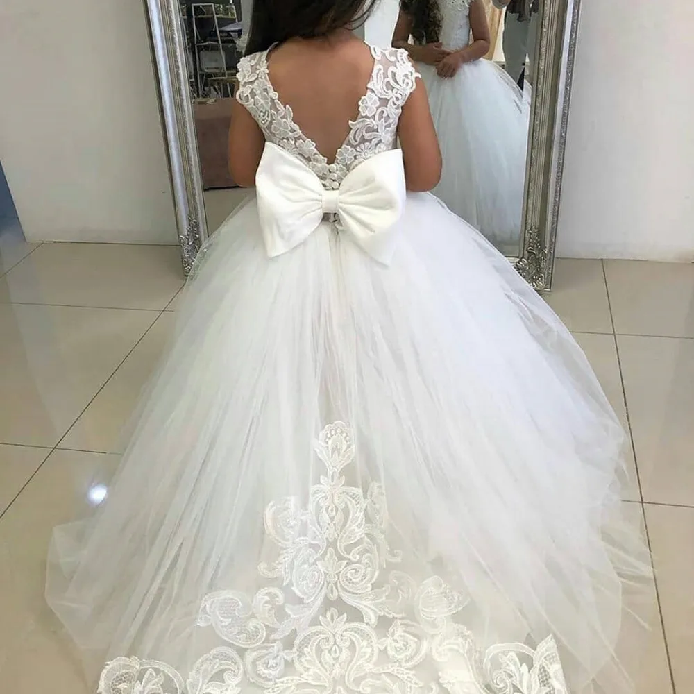White Bridesmaid Dress Girls Flower Girl Dresses Ball Gown Kids Wedding Party Pageant First Communion Gown Big Bow Long Sleeves