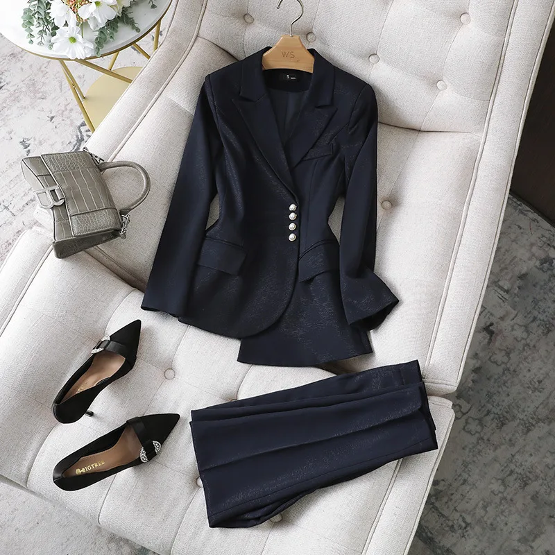 Women's Suit 2023 Green Black Blue Female Blazer Jacket +Trouser 2 Piece Sets Office Lady Business Work Wear Formal Pant Sets
