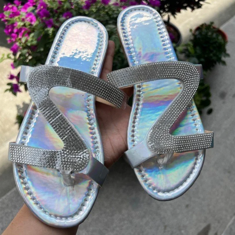 

2023 New Flat Sandals Women Spring/summer Bright Diamond Casual Outdoor Travel Flip Flop Beach Shoe Non-slip Slipper Big Size43