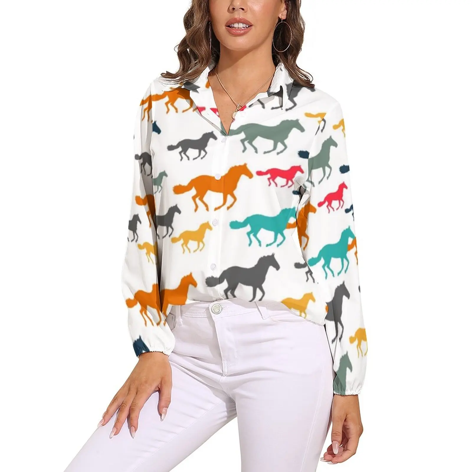 

Colorful Horses Blouse Cartoon Horse Pattern Kawaii Graphic Blouses Women Long-Sleeve Street Wear Shirts Spring Oversized Top