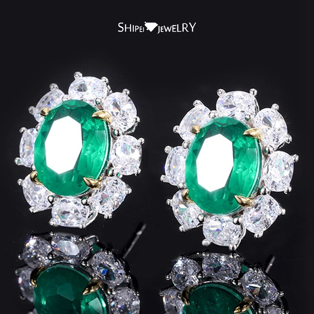 

Shipei Luxury 925 Sterling Silver 8*10 MM Oval Emerald Ruby Sapphire Gemstone 18K Gold Plated Ear Studs Earrings Fine Jewelry