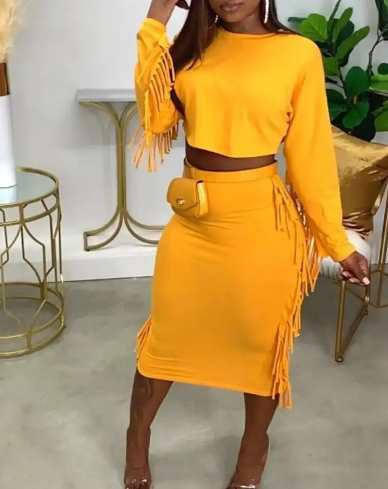 

Fashion O-Neck Elegant Shirt Suit Daily Party Club Streetwear Women's Two Pieces Set Long Sleeve Tassel Top Skirt Set