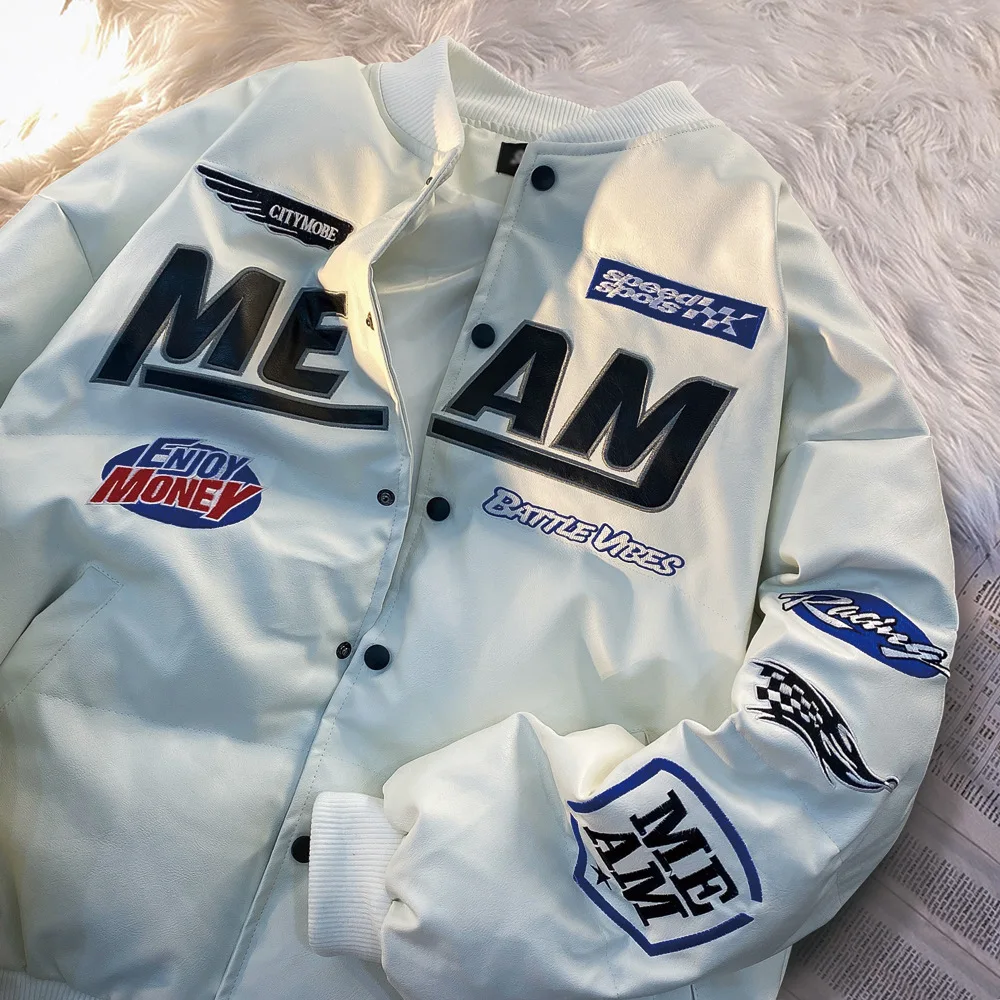 American Style Hip Hop PU Parkas Men's Winter Ins Single Breasted Loose Letter Patchwork Design Jackets Overcoats White Black