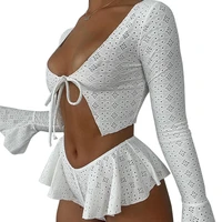 summer pattern tie neck cropped swimsuit hot pants two piece set flares sleeve lace up crop top short miniskirt women sexy suit