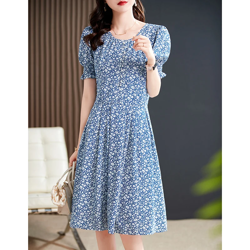 

Chiffon Loose Women's Mid-length Dress New Fashion Short Sleeve Dresses Floral O-neck Summer Houthion