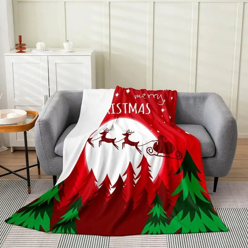 

Christmas Flannel Fleece Blanket Santa Claus Print Plush Throw Blanket, Moose Pattern All Season,Bed Blanket Merry