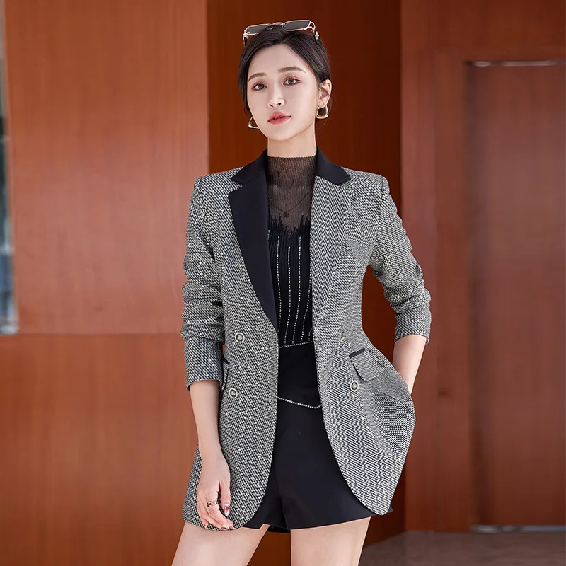 Bling Bling Sequins Dress Suit Outfits Women Lady Office Elegant Business Uniform Wear Checked-Pattern Blazer Top Outwear