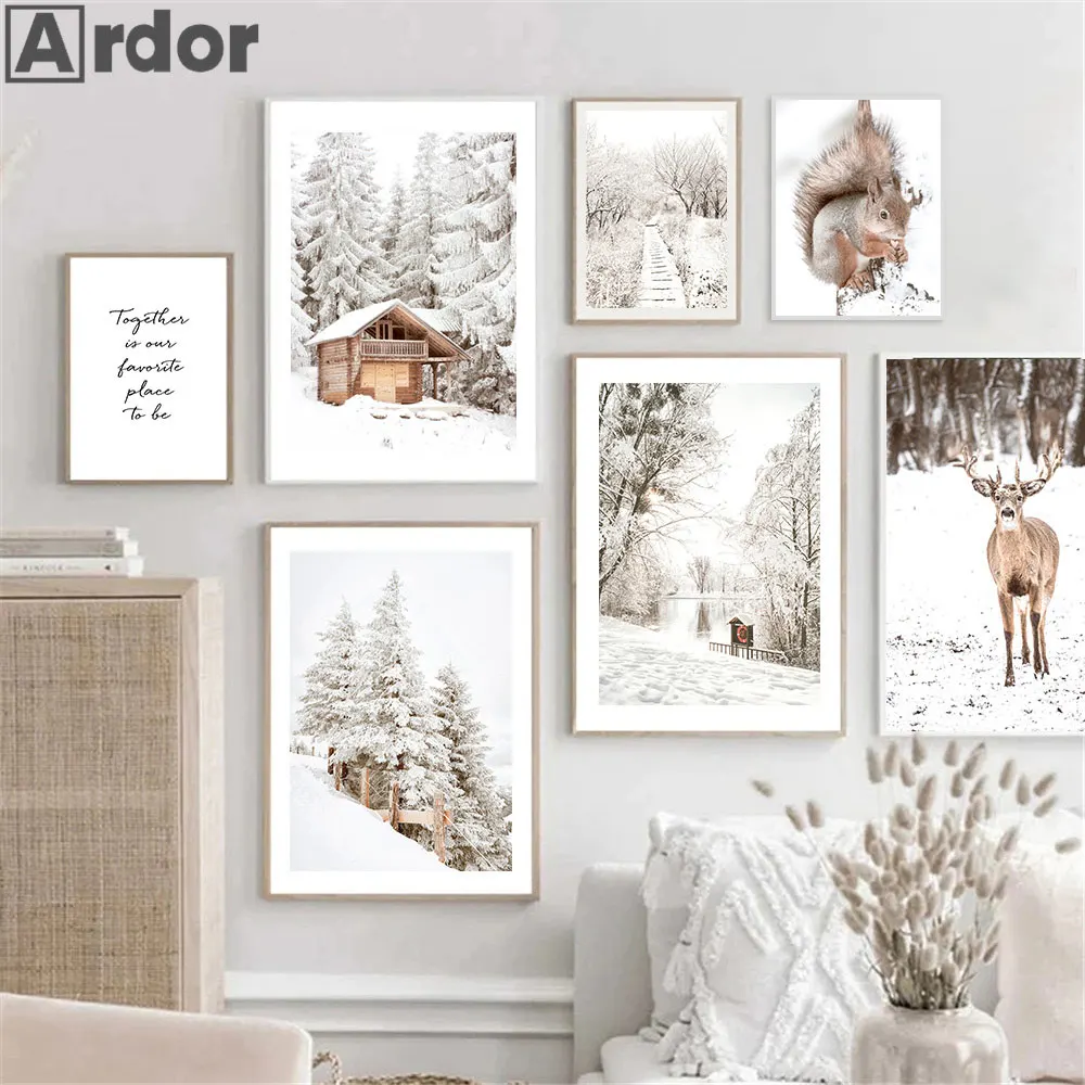 

Winter Snow House Canvas Painting Deer Squirrel Wall Art Print Forest Tree Posters Nordic Poster Wall Pictures Living Room Decor