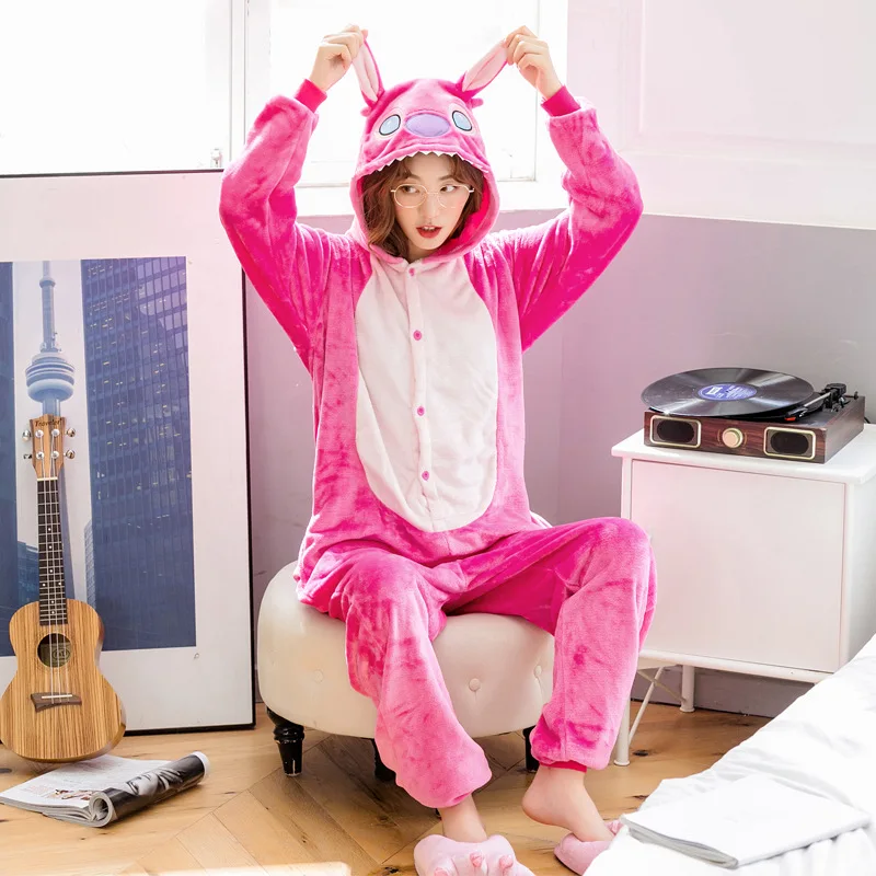 Adults Animal Onesie Stitch Pajamas Set Women Men Kids Winter Warm Unisex Onesies Cosplay Costume Soft Cartoon Flannel Sleepwear