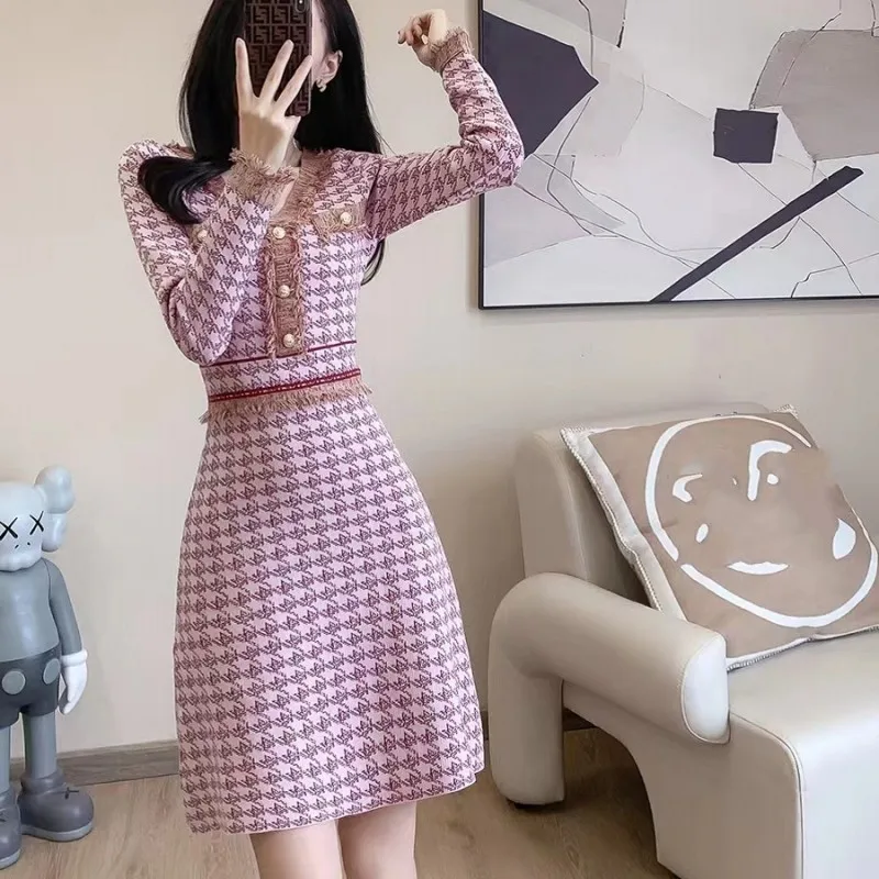 

Fall Winter Korean Houndstooth Tassel V-Neck Sweater Women's Slim Waist Dress Elegant Female Luxury Knitted Dresses Vestido