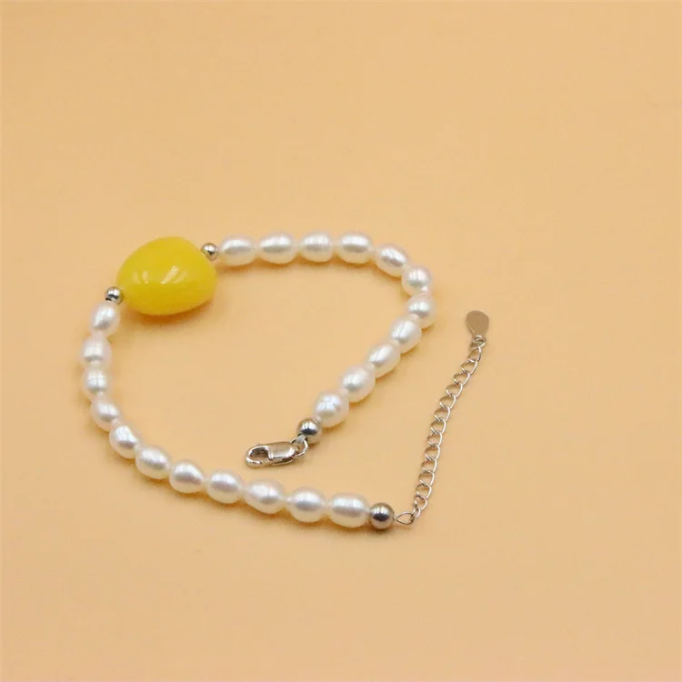 

ZFSILVER 100% 925 Sterling Silver Natural Freshwater Pearl Sweet Heart Amber Bracelet Gift Beads Jewelry Party Fashion For Lady