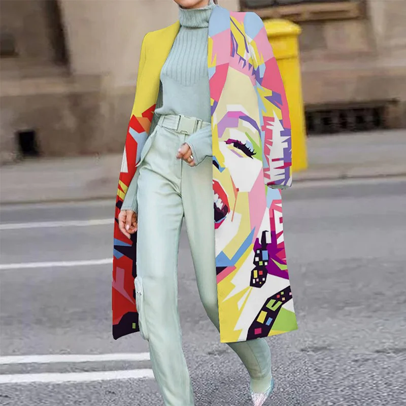 

Vintage Abstract Print Turn-Collar Overcoat New Autumn Winter Warm Women Long Woolen Coats Fashion Office Ladies Casual Cardigan