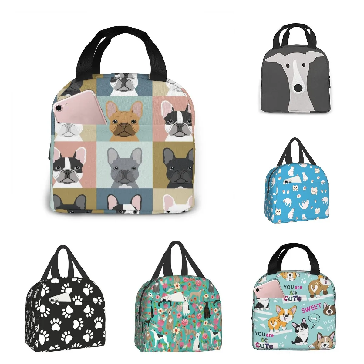 

Cute French Bulldog Print Lunch Bag For Women Portable Insulated Canvas Thermal Food Lunch Bags Women Kids Picnic Bag Totes
