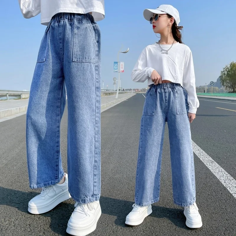 New Arrival Girls Jeans Wide Leg Pants Straight Cotton Children Loose Jeans Ripped Denim Trousers Fashion Kid Big Girls Clothing